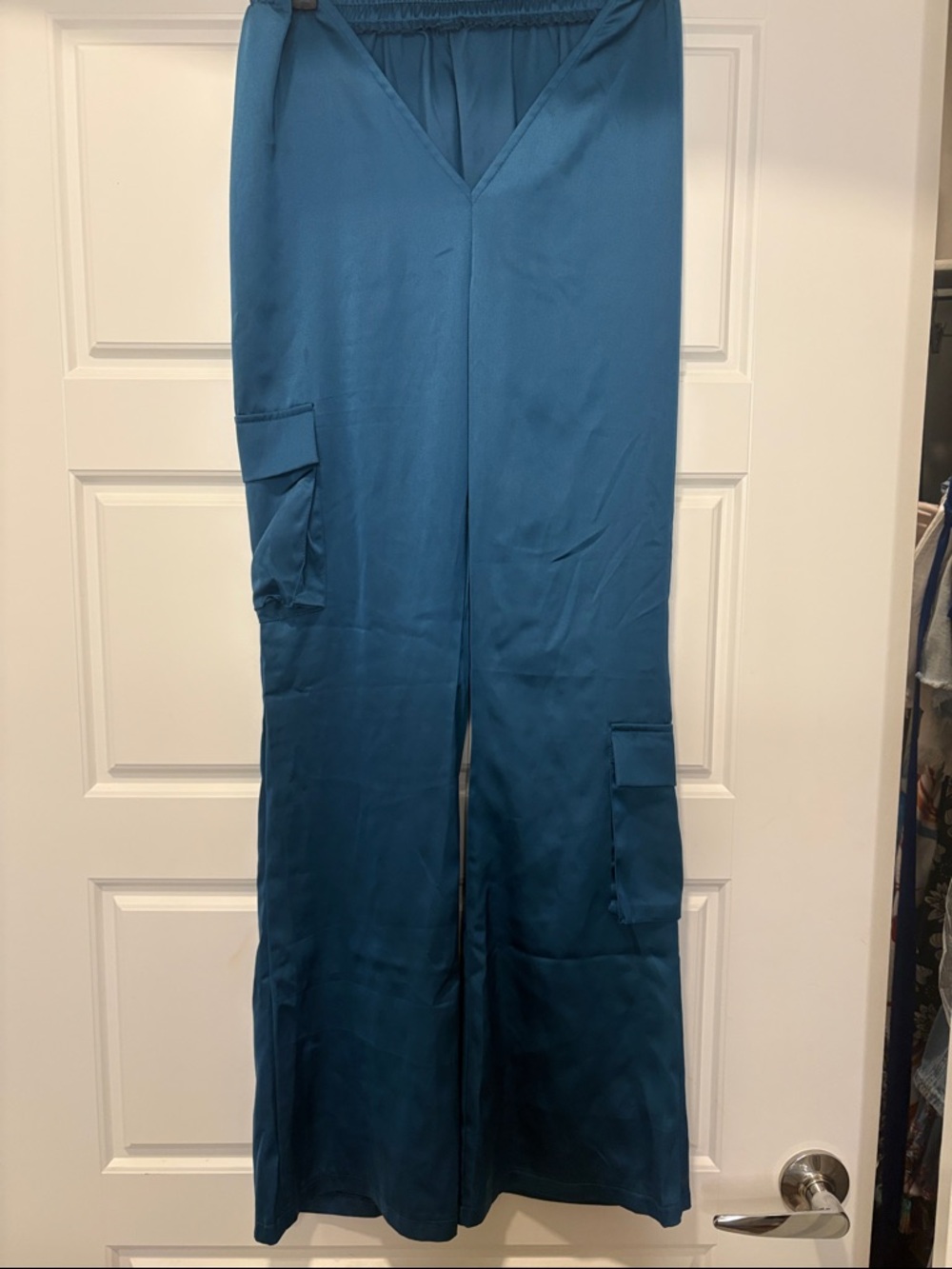 Teal V-cut Wide-Leg Cargo Jumpsuit Pants